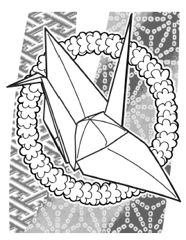 black-and-white drawing of an origami crane