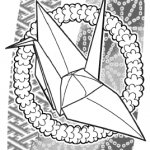 black-and-white drawing of an origami crane