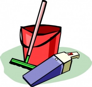 a red bucket, broom, and mini vacuum
