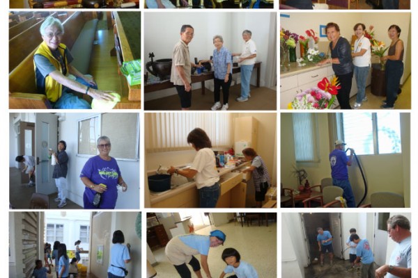 photo collage of people cleaning the temple