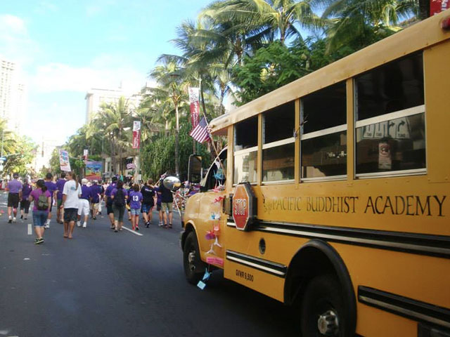 school bus on the parade route