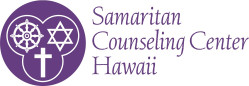 Circle encompassing Dharma Wheel, Star of David and the Cross with words Samaritan Counseling Center of Hawaii on the right hand side.