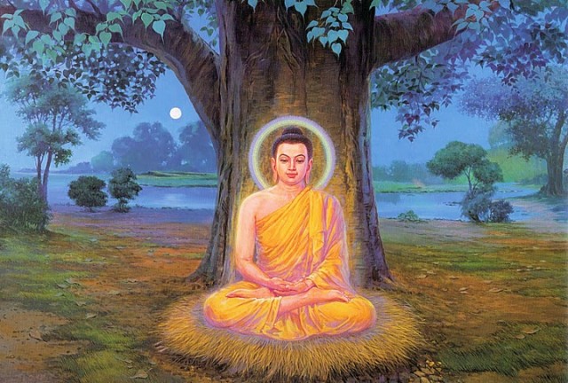 Shakyamuni Buddha sitting under a Bodhi Tree.