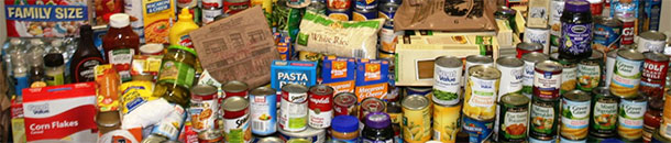 stacks of cans and nonperishables collected in a food drive