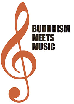 big treble clef with "Buddhism Meets Music"