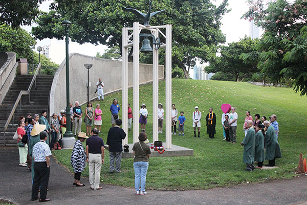Peace Walk participants at the Nagasaki Peace Bell, Honolulu Hale Civic Grounds