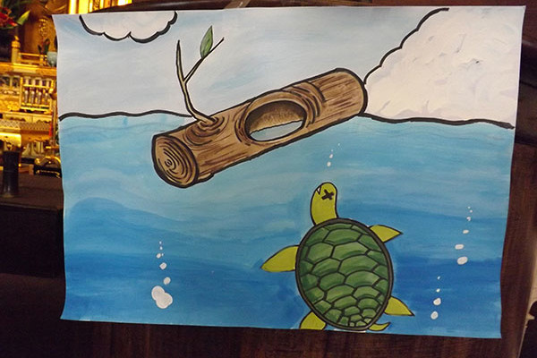 painting of turtle and log by Rev. Hasebe