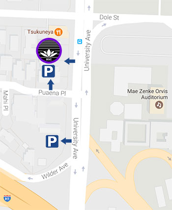 graphic showing BSC location and parking entrances marked with blue arrows