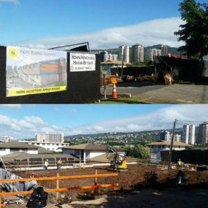 two views of foundation work for PBA's new classroom building