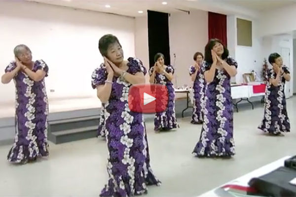 women in purple and white dresses performing hula in the social hall