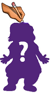 purple silhouette of a mascot with a question mark and a hand drawing with pencil