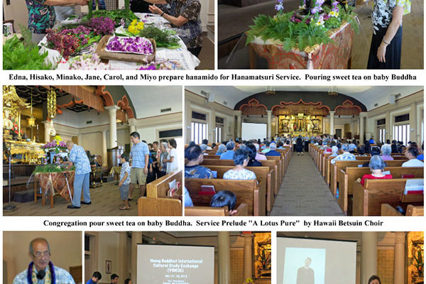 photo collage by Ruth Tokumi of Betsuin Buddha Day Service 2017 (hanamido, dharma talk speakers, etc.)