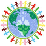 globe image superimposed with a sagarifuji (Jodo Shinshu wisteria logo) with people circling it holding hands