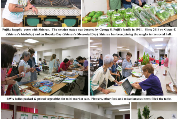 photo collage of Shinran statue, BWA MiniMarket, and art displays in social hall