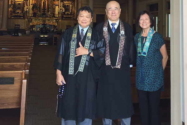 ministers and emcee for the July 22, 2017, 10 a.m. Bon Mairi service - Rev. Kalu, Rimban Hagio, Barbara Brennan