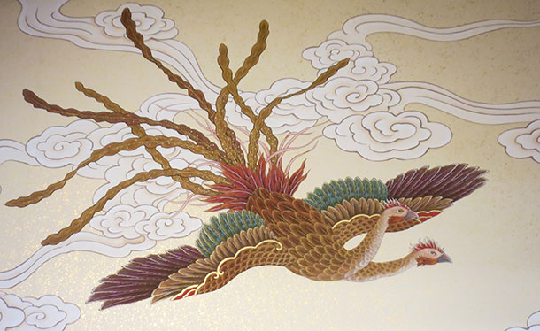 Gumyocho, or two-headed bird, closeup of painting