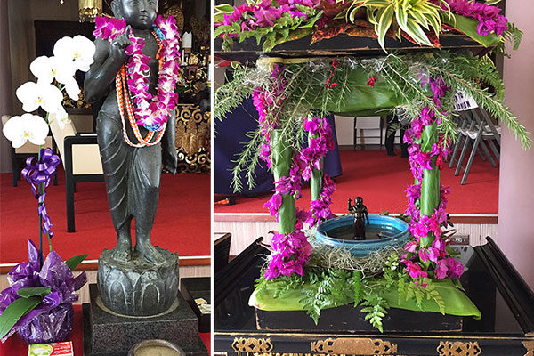 two photos in one - Baby Buddha statue at left cast in 1959, and at right, the small flower alter with a smaller statue of Baby Buddha with sweet tea