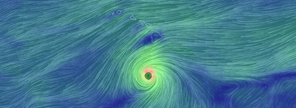 graphic representation of swirling patterns of Hurricane Lane near Hawaii