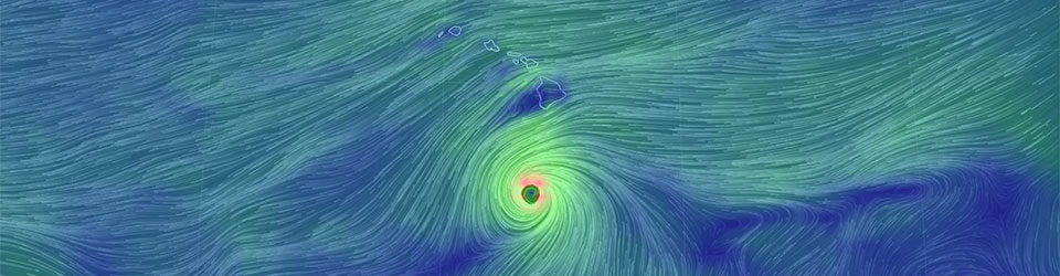 graphic representation of swirling patterns of Hurricane Lane near Hawaii
