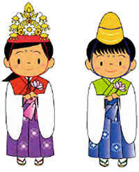 color drawing of children wearing kimono and headwear for Chigo parade