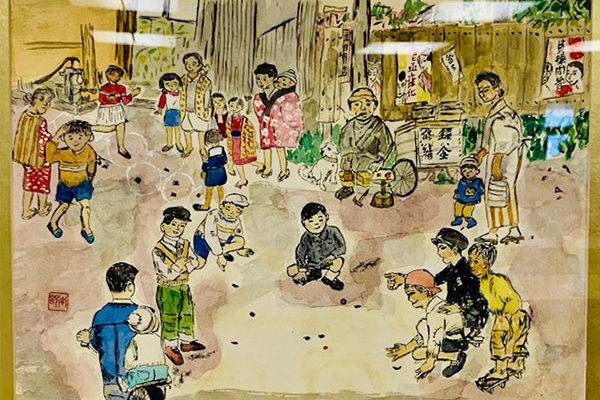 Old time street scene with children playing - sumie artwork by Fujiko Motobu