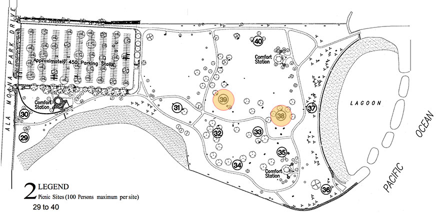 map showing picnic sites 38 & 39 at Magic Island