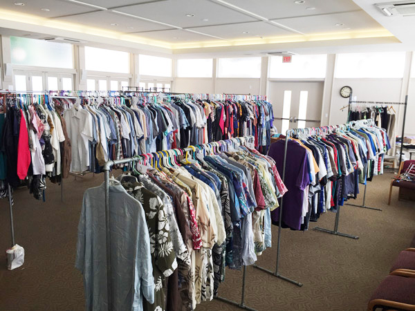 racks of clothes in the Annex Temple in preparation for Spring Bazaar 2019