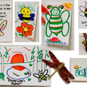 collage of items from the bulletin board with images and bee art in the Social Hall after the Earth Day 2019 service