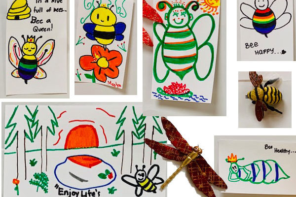 collage of items from the bulletin board with images and bee art in the Social Hall after the Earth Day 2019 service