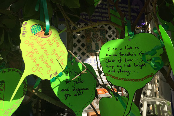 Paper bodhi leaves with peace messages at Hongwanji's Peace Day Lounge at VegFest Oahu 2019