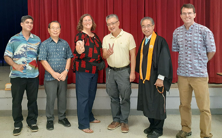 Pete Doktor, Rev. Tatsuo Muneto, Helen Jaccard, Dr. Seiji Yamada, Bishop Eric Matsumoto, and David Atcheson -- speakers, panelists, and emcee at the Golden Rule event on 11/23/19
