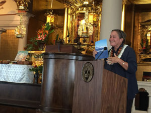 Manulani Aluli Meyer speaks at HBC Bodhi Day Service 2019 at Hawaii Betsuin