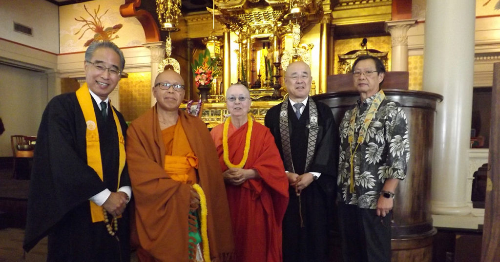 speakers at Mary Foster Appreciation Service 2019: Bishop Eric Matsumoto, Venerable Dhammamuni Mahathero, Venerable Ayya M. Vimala, Rimban Toyokazu Hagio, and temple president Dexter Mar (FB)