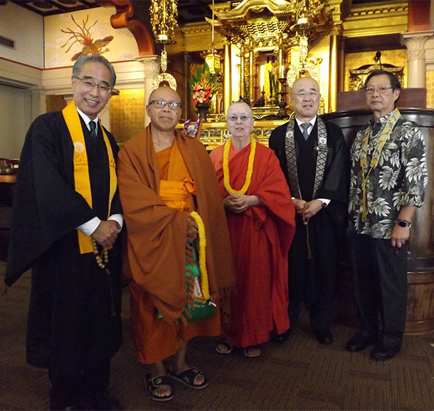 speakers at Mary Foster Appreciation Service 2019: Bishop Eric Matsumoto, Venerable Dhammamuni Mahathero, Venerable Ayya M. Vimala, Rimban Toyokazu Hagio, and temple president Dexter Mar