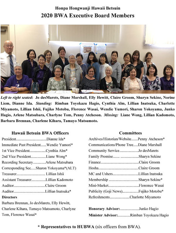 Hawaii Betsuin BWA board listing with photo for 2020
