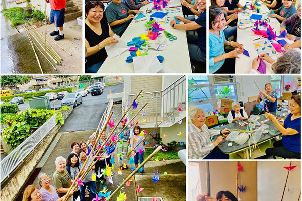 collage of crane stringing by BWA members at Hawaii Betsuin in preparation for MLK Parade