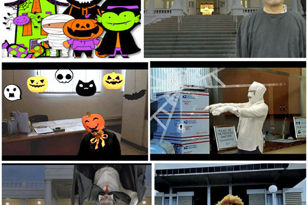 collage of photos from Halloween video from the Hawaii Betsuin ministers (ministers in costume on campus)