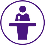 guest speaker purple cilpart (figure at podium)