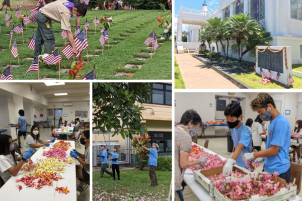 Girl Scouts and Boy Scouts from Hawaii Betsuin troops string lei at the temple and adorn headstones at Punchbowl for Memorial Day 2022. Photos courtesy Irene Nohara and David Atcheson.