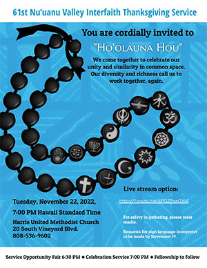 Nuuanu Valley Interfaith Thanksgiving Service 11-22-2022 flyer thumbnail image