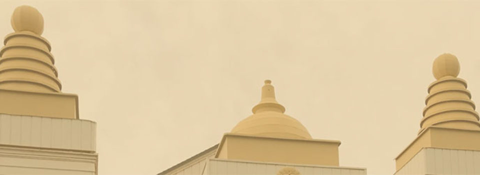 stupas and dome of Lahaina Hongwanji in muted colors