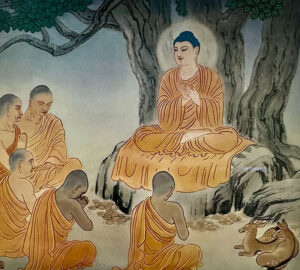 art: Buddha teaching under the tree with disciples and forest animals before him