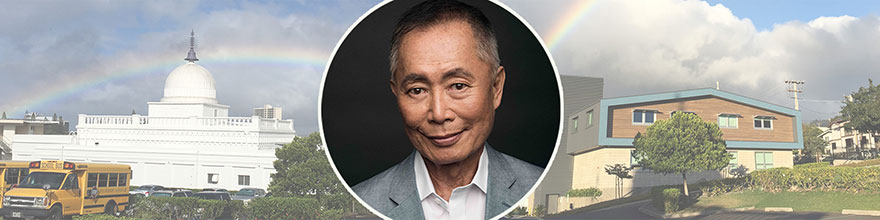 George Takei image with Hawaii Betsuin and Pacific Buddhist Academy in the background