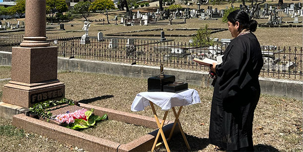 Rimban Yuika Hasebe at the 9/19/24 Bon Service at Mary Foster's grave (cropped version)