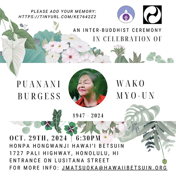 flyer for Puanani Burgess service at Betsuin on 10/29/24