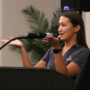 Alina Katase of the Japanese Cultural Center of Hawaii delivers brief remarks (Kagirinaki Ai to Jihi, 10/25/24)