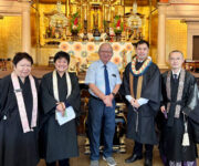 Reverends Kihara, Hasebe, Toshima, Hojo, and Furusawa before the altar (Gotan-e 2025)