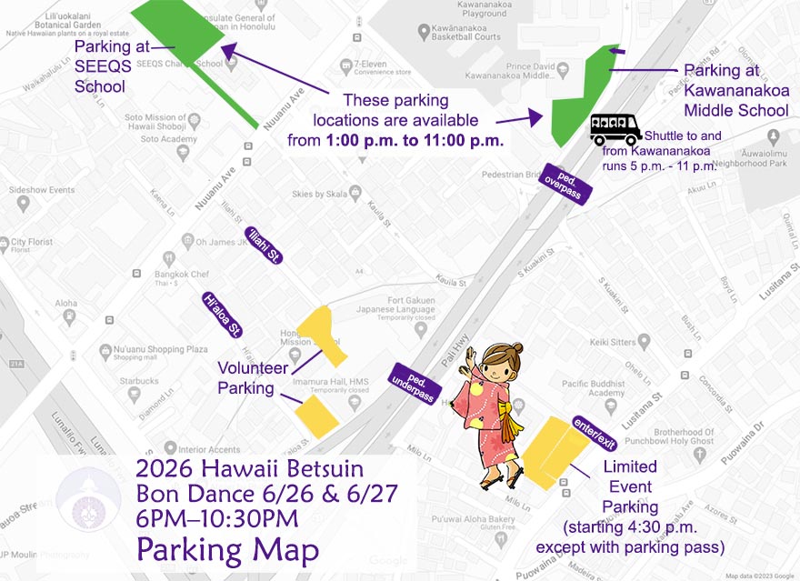 Hawaii Betsuin Bon Dance 2026 parking locations (updated, smaller)