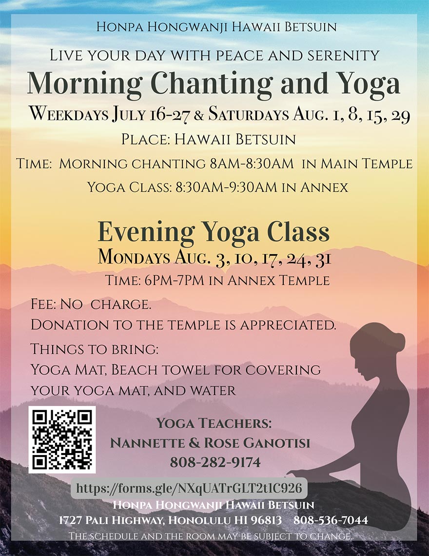 July / August 2026 yoga classes at Hawaii Betsuin (flyer image)