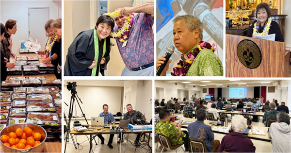 photo collage of meeting - people receiving lei, speaking at the mic, etc.